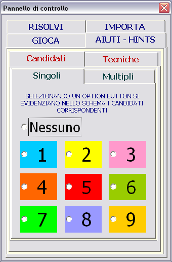 Scheda Aiuti-Hints Singoli della User Form per Pencilmark Grids del Sudoku Analyzer Logic Solver & Report Builder