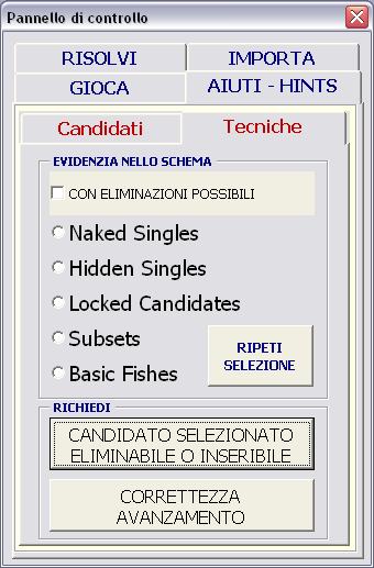 Scheda Aiuti-Hints Tecniche della User Form per Pencilmark Grids del Sudoku Analyzer Logic Solver & Report Builder